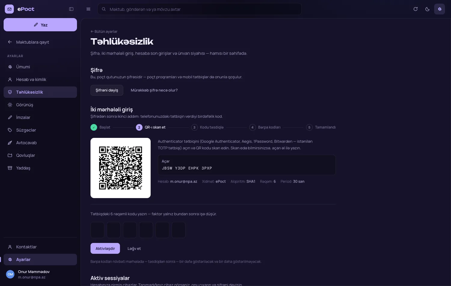 İki mərhələli girişin quraşdırılması: QR kod, açar və təsdiq xanaları